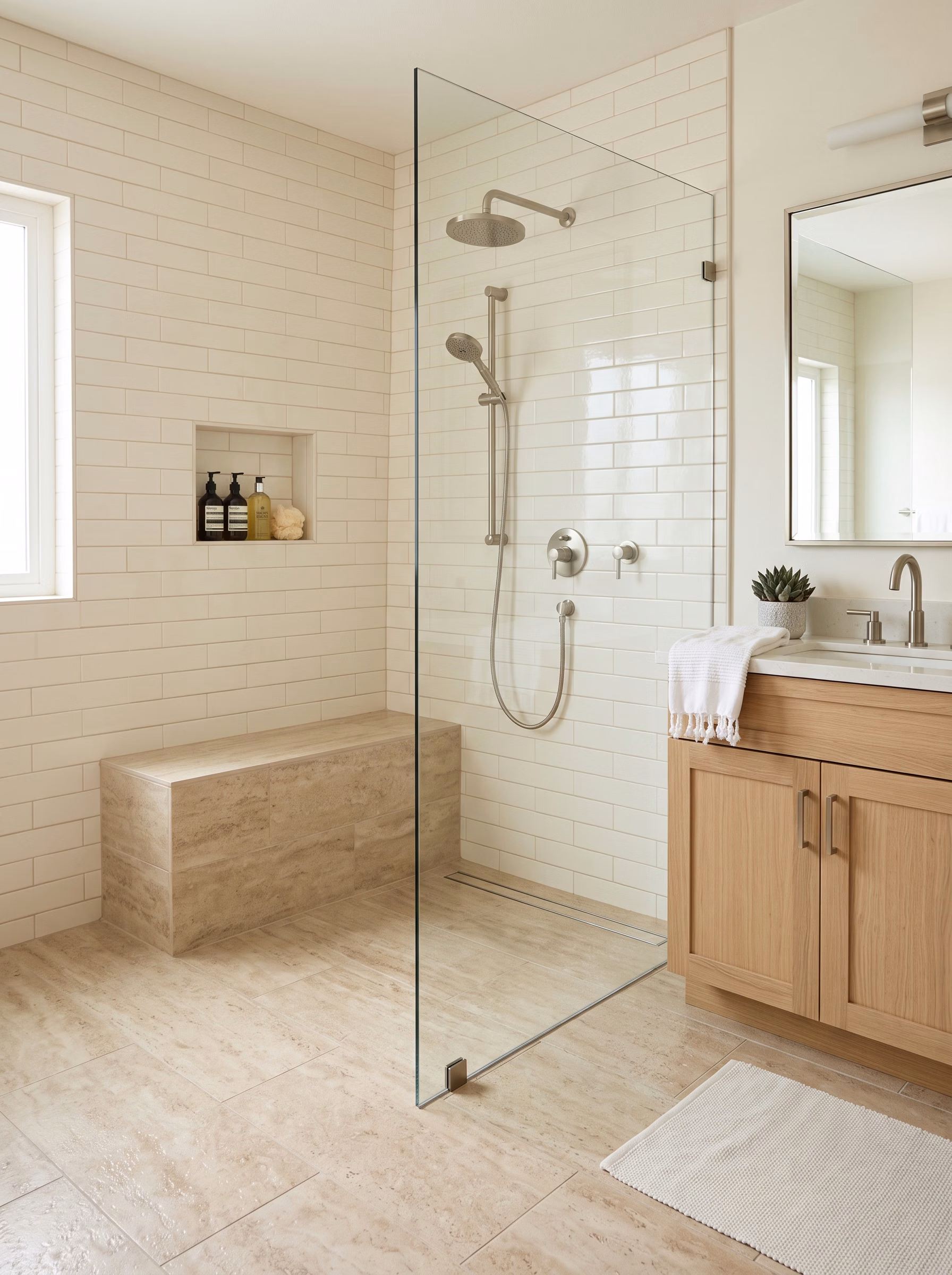 Accessible Bathroom Remodeling Low Threshold and Curbless Shower Design in San Diego.