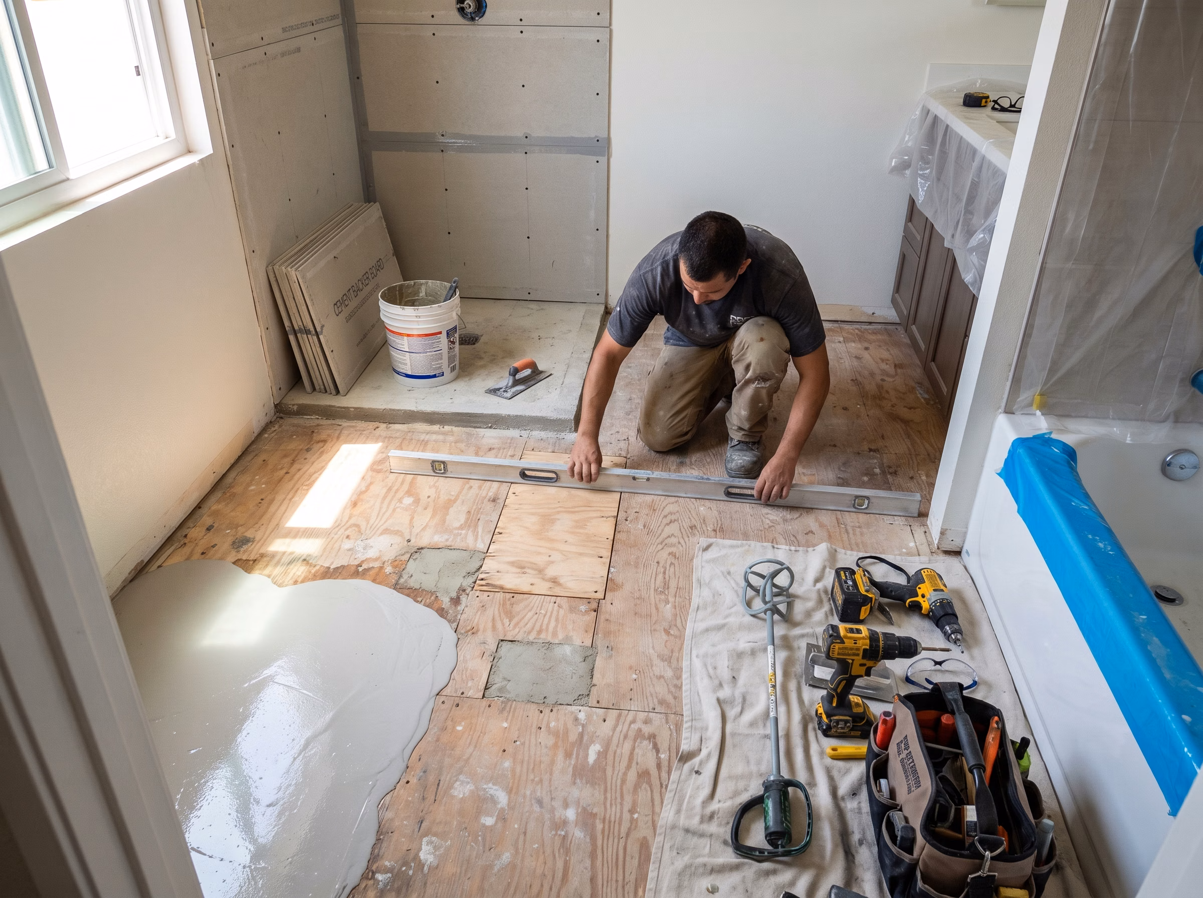 Bathroom Flooring Subfloor Preparation in San Diego.