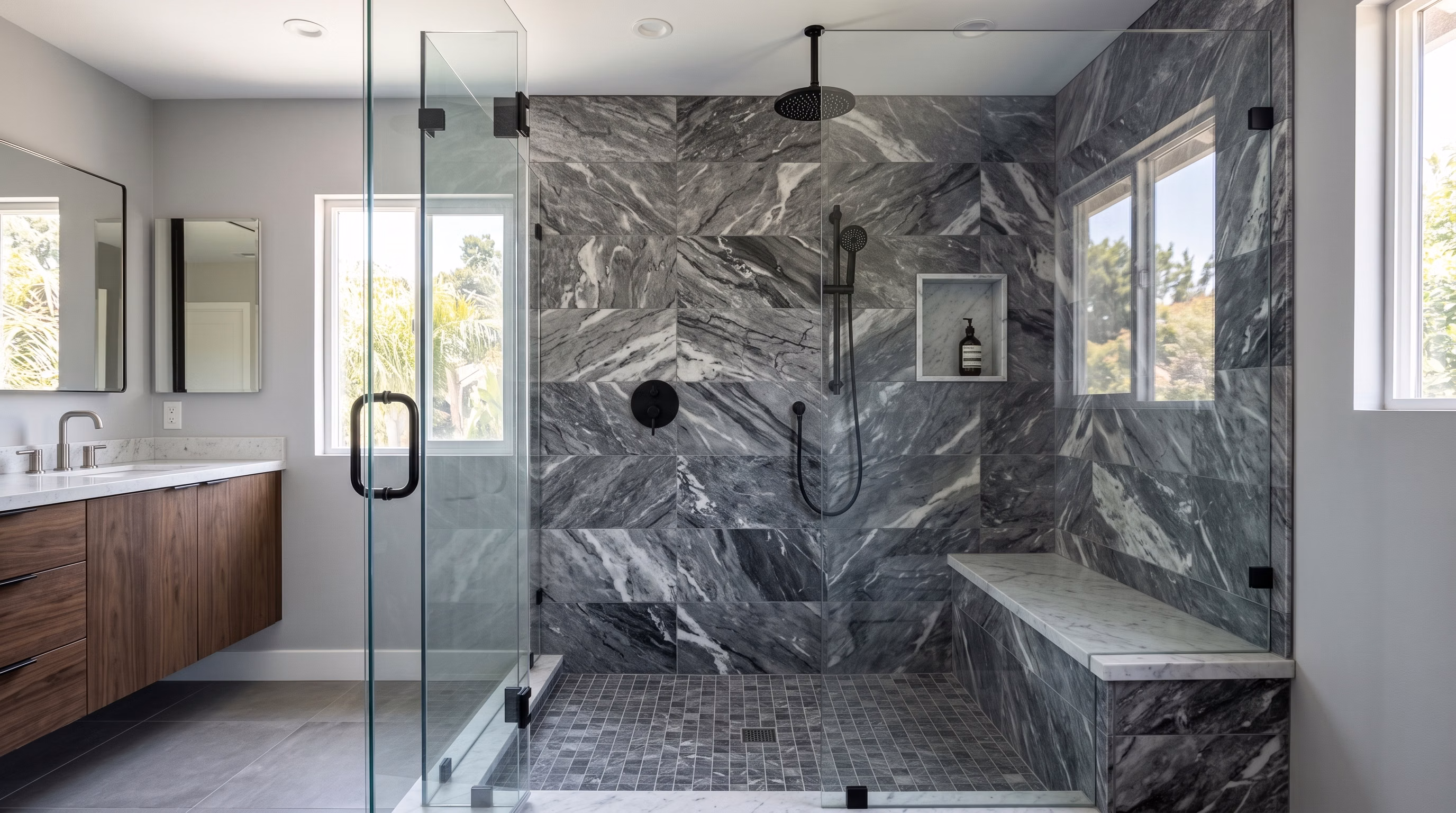 Shower Remodeling Custom Marble Tile Shower in San Diego.