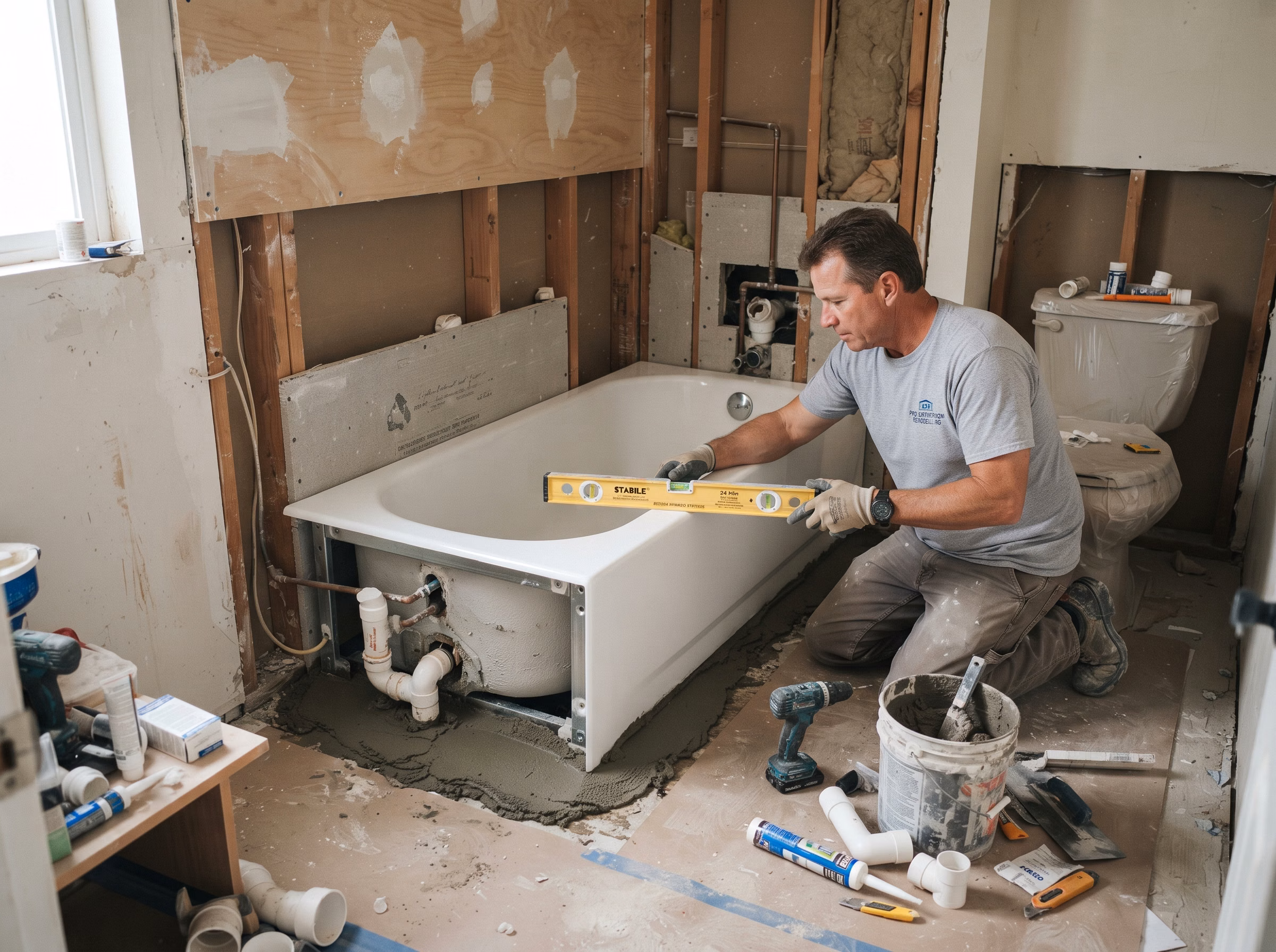 Shower to Tub Conversion Tub Setting and Leveling in San Diego.