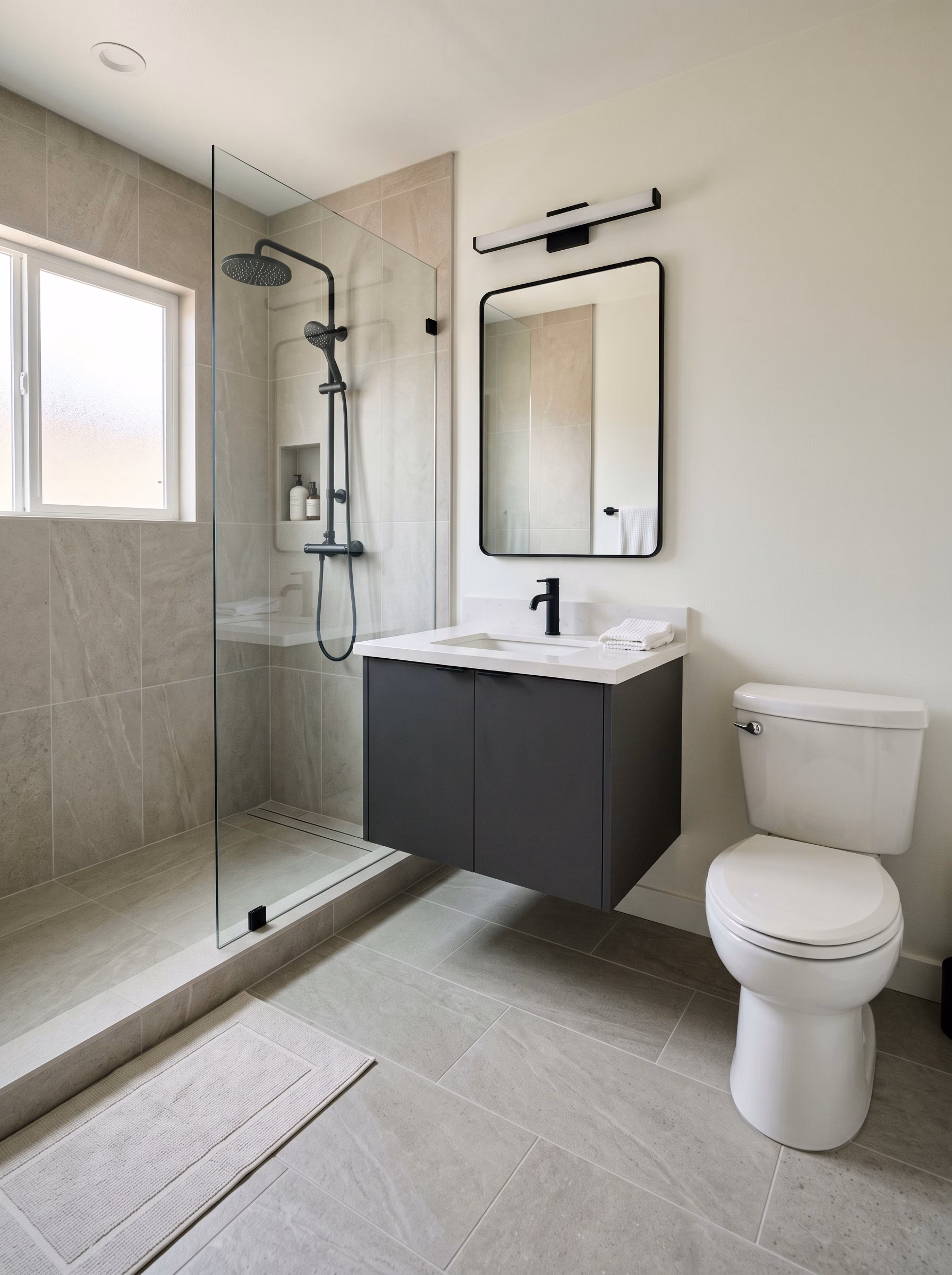 Small Bathroom Remodeling Tile Flooring Color in San Diego.